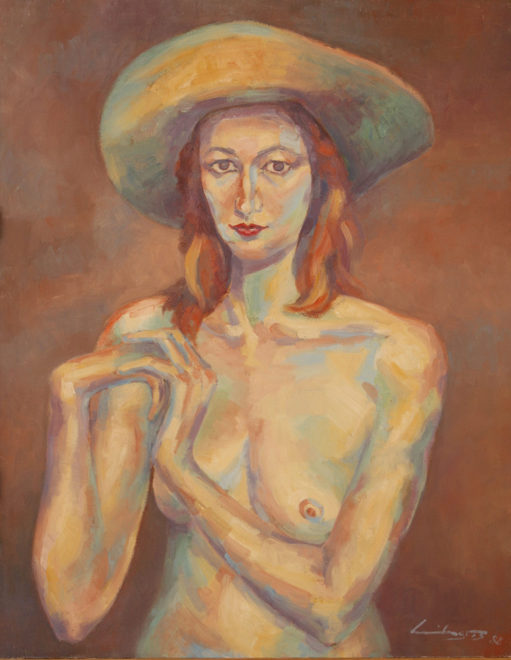 Retrato de modelo con el torso desnudo llevando un sombrero Óleo sobre lienzo Tamaño en centímetros: 92x73