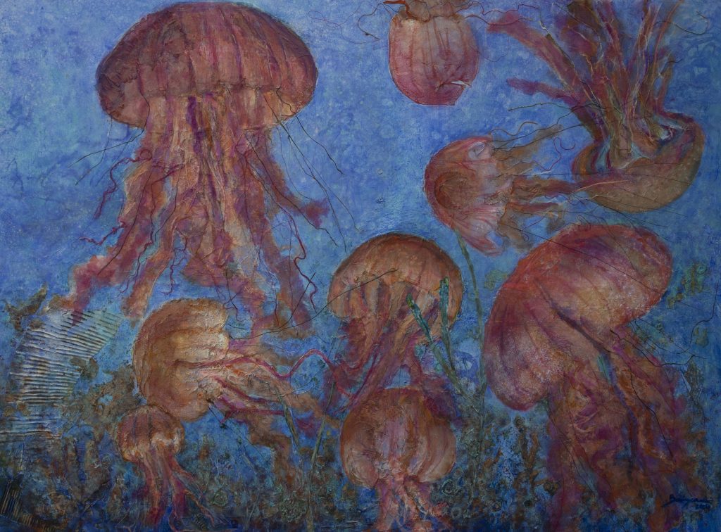 Cuadro, pintura que representa a medusas de distintos tamaños flotando en el mar
Técnica mixta sobre lienzo
Tamaño en centímetros: 130x97